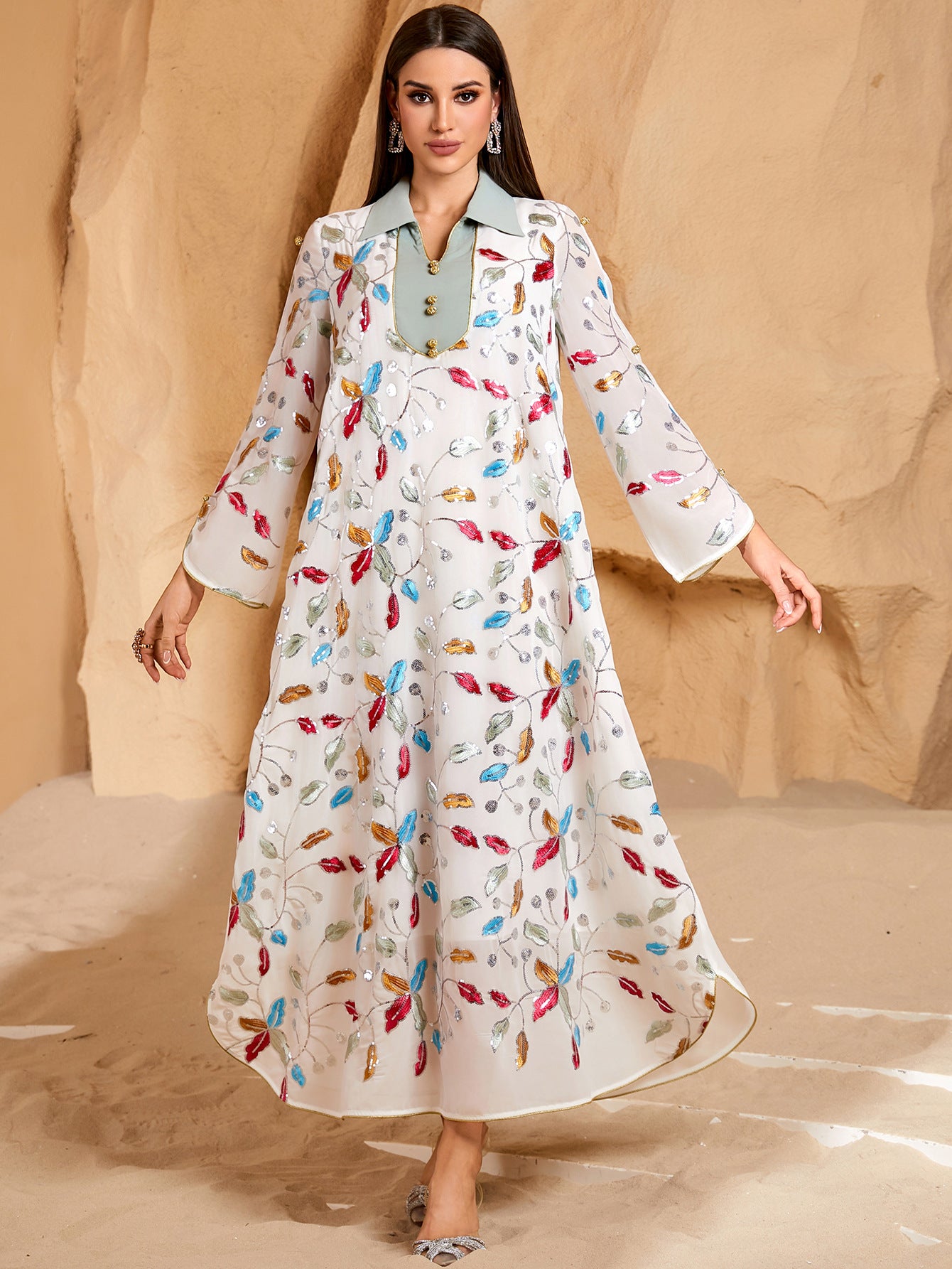 Beaded Embroidered Robe Maxi Dress
