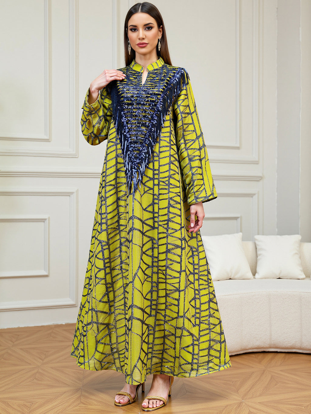 Yellow Sequin Tassel Maxi Dress