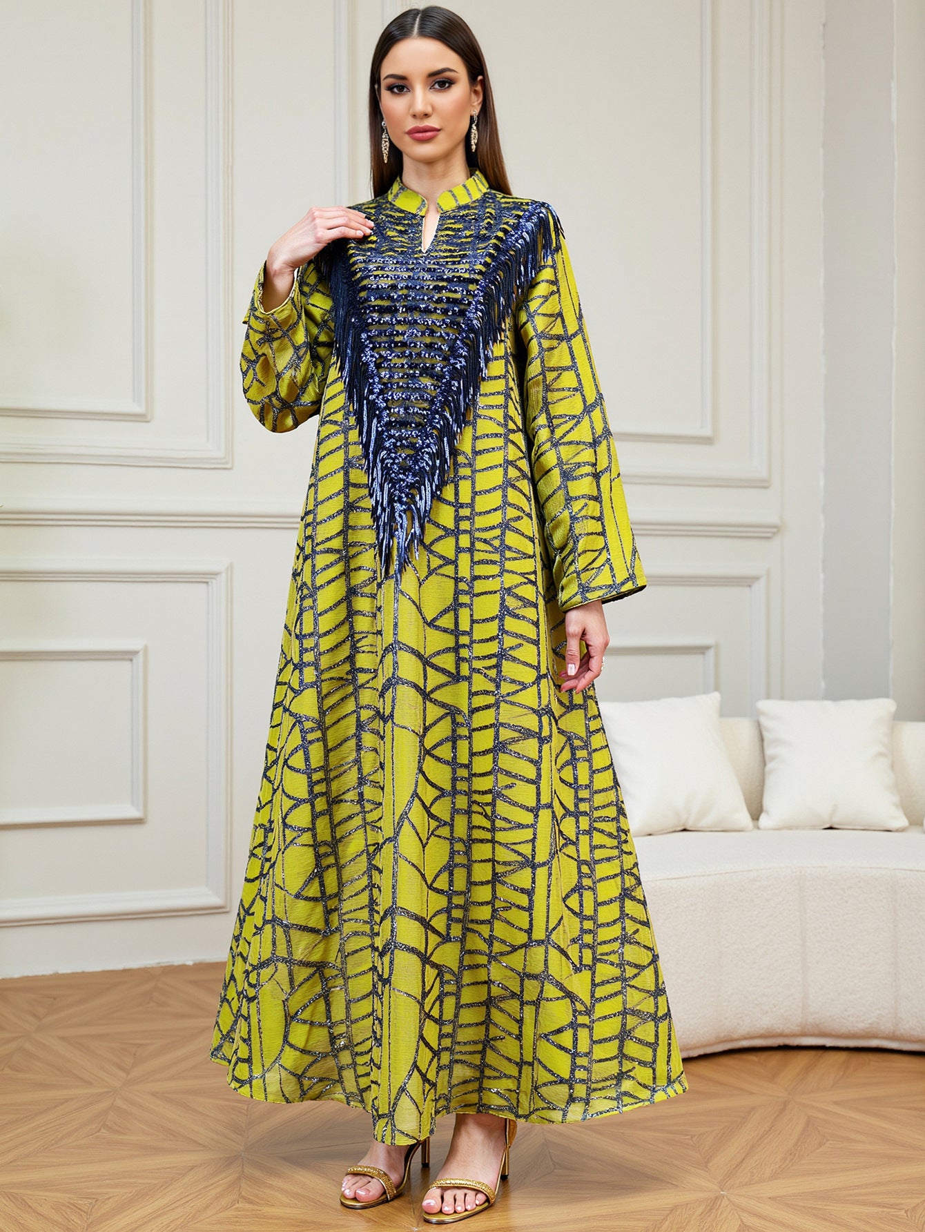 Yellow Sequin Tassel Maxi Dress
