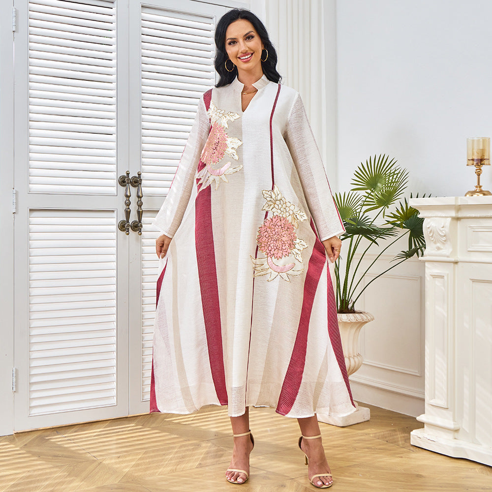 Embroidered Sequin Long-Sleeve Maxi Dress