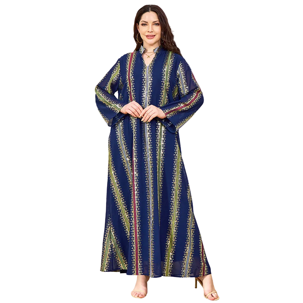 V-Neck Loose Long-Sleeve Maxi Dress, Blue for women with V neck and long sleeves Main image