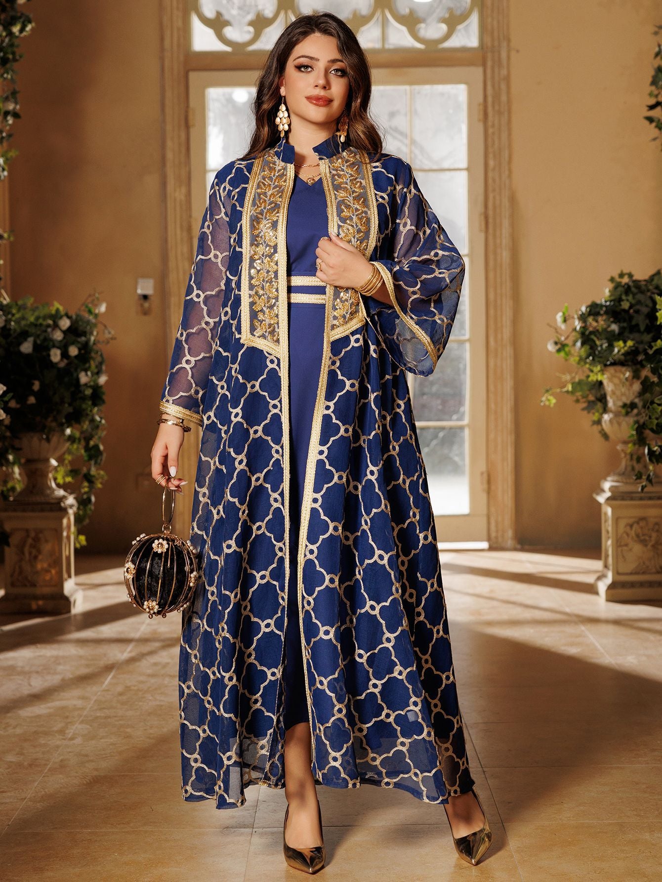 Embroidered Maxi Dress & Vest Set