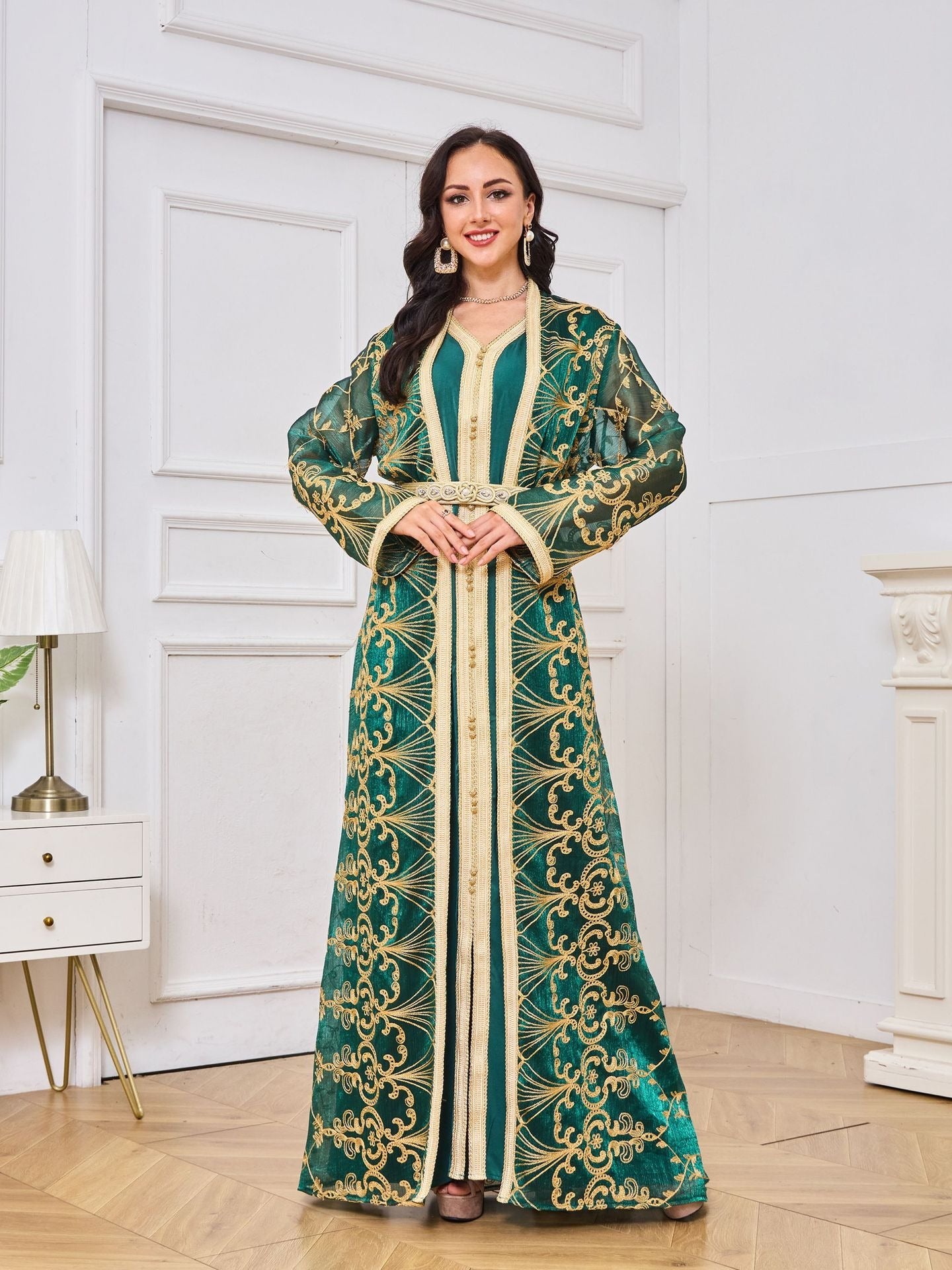 Muslim robe women's embroidered long cardigan two-piece set temperament dress Main image