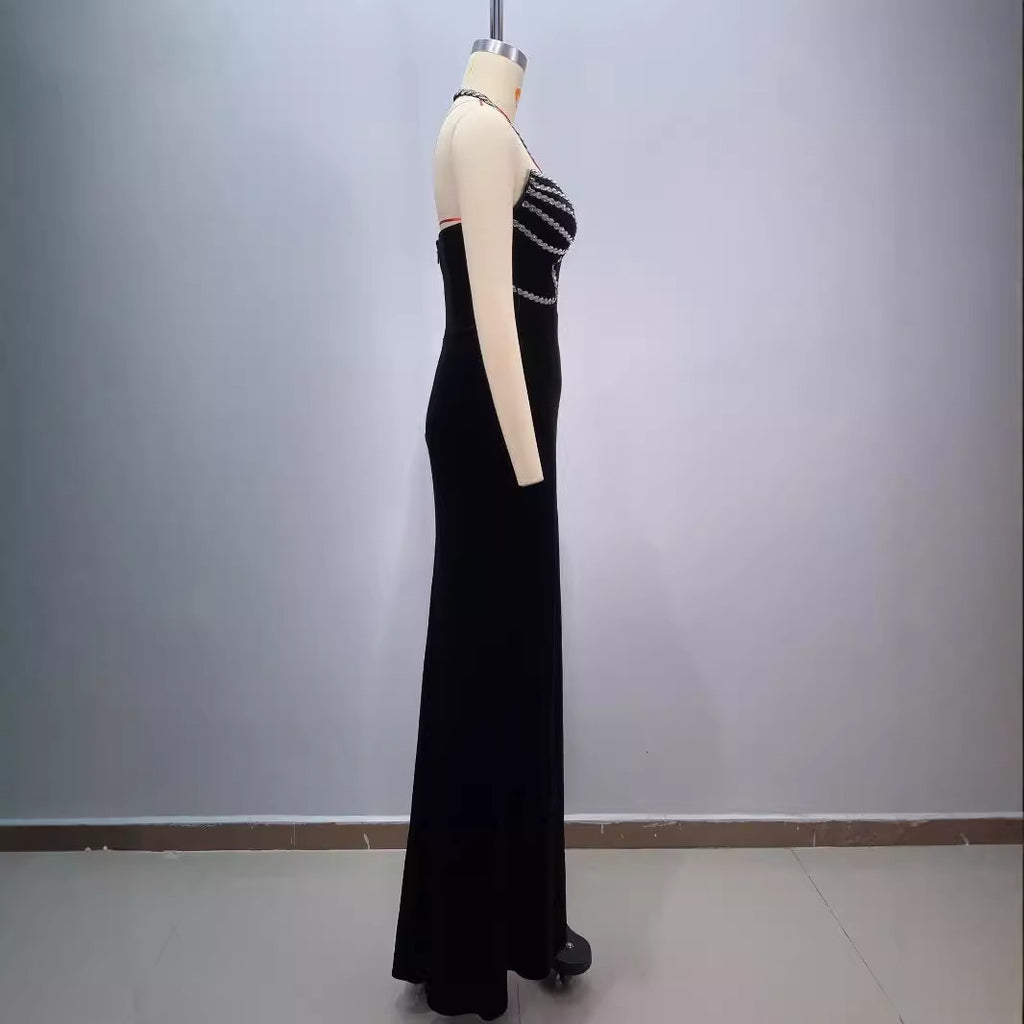 Diamond-Studded Strapless Backless Slit Maxi Dress for Women