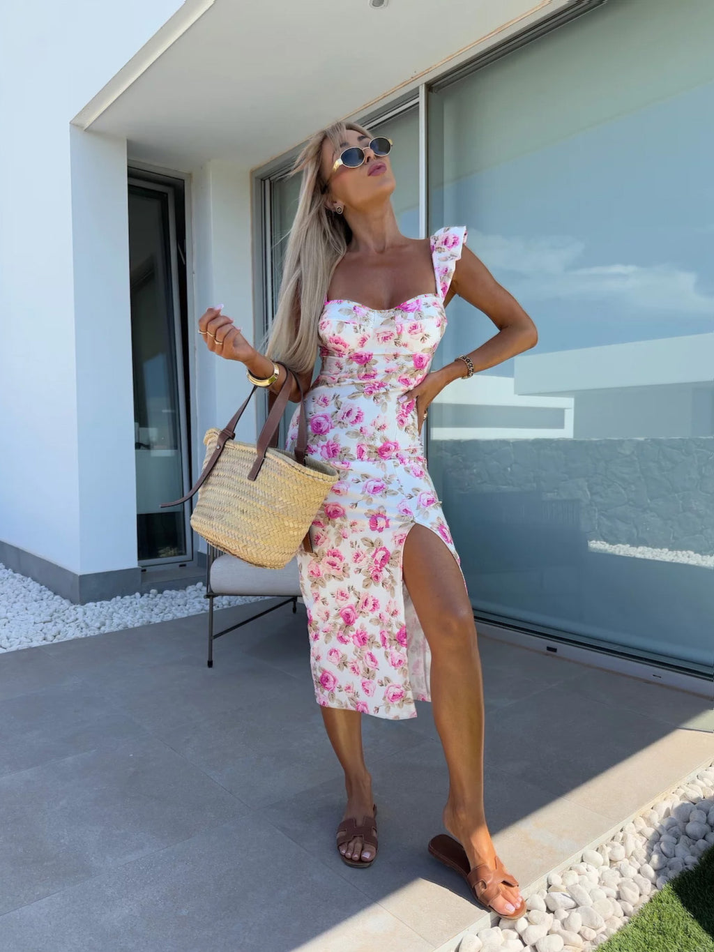 French Floral Strapless Split Midi Dress for Women, Backless