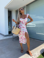 French Floral Strapless Split Midi Dress for Women, Backless
