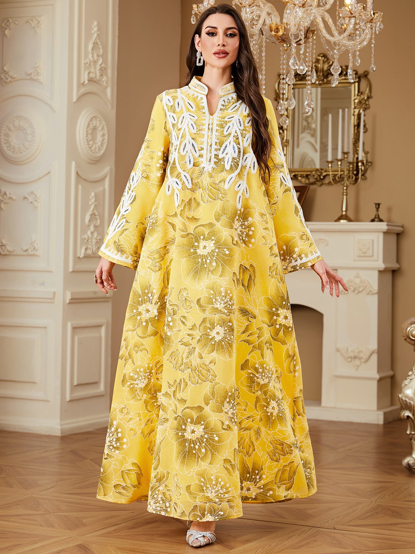 Yellow Embroidered Printed Robe Maxi Dress