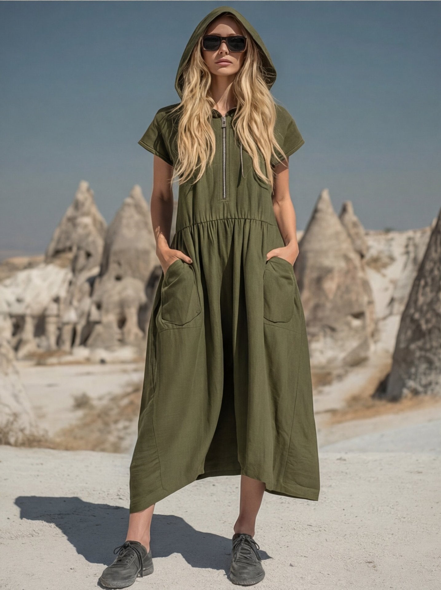 Vintage Cotton-Linen Hooded Half-Zip Midi Dress for Women