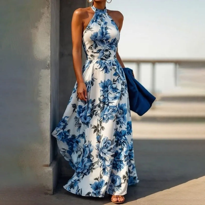 Floral Halter A-Line Maxi Dress for Women, Sleeveless