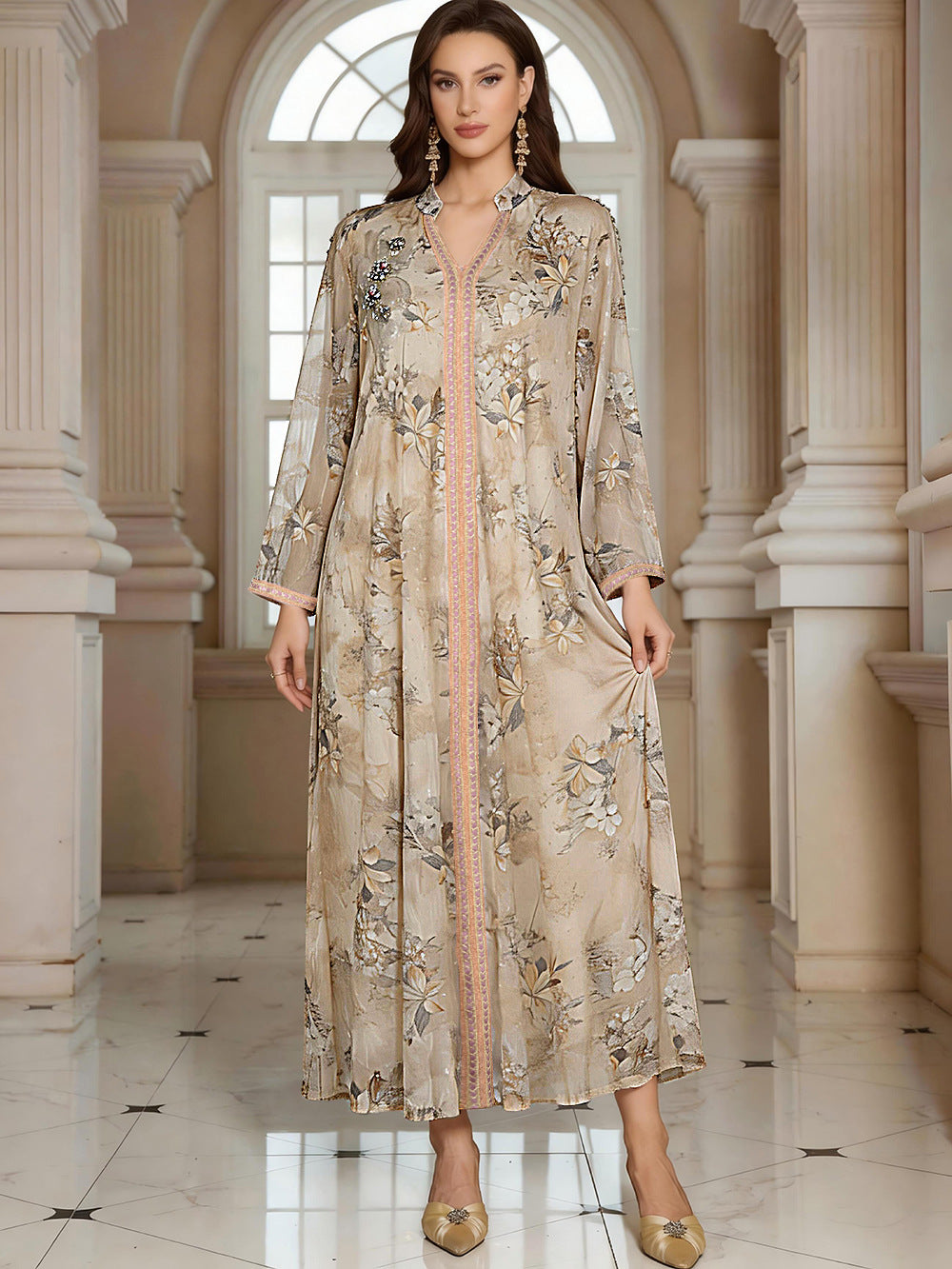 V-Neck Loose Long-Sleeve Maxi Dress, Blue, Apricot & Gray