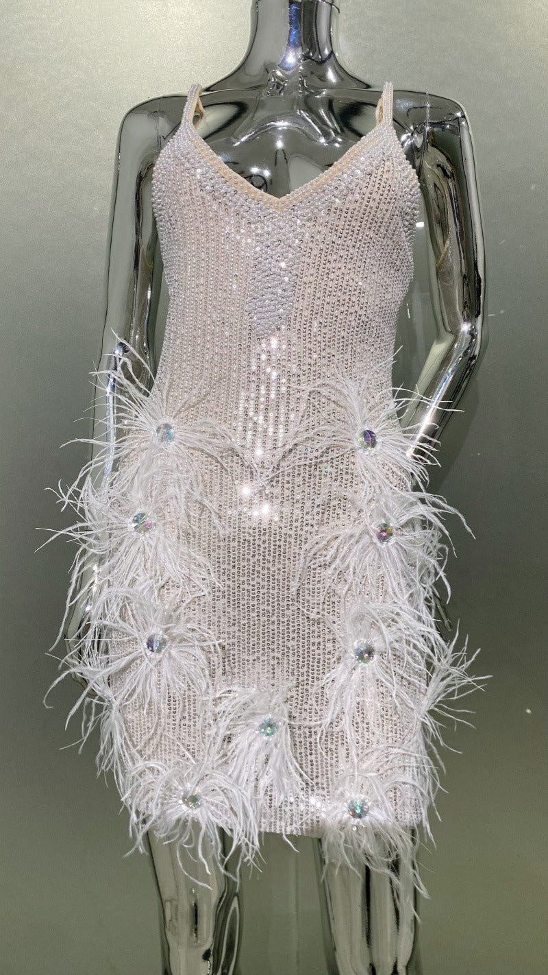 Sequin Diamond Feather Hem Suspender Gown in Ivory