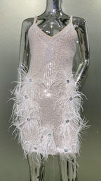 Sequin Diamond Feather Hem Suspender Gown in Ivory