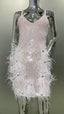 Sequin Diamond Feather Hem Suspender Gown in Ivory
