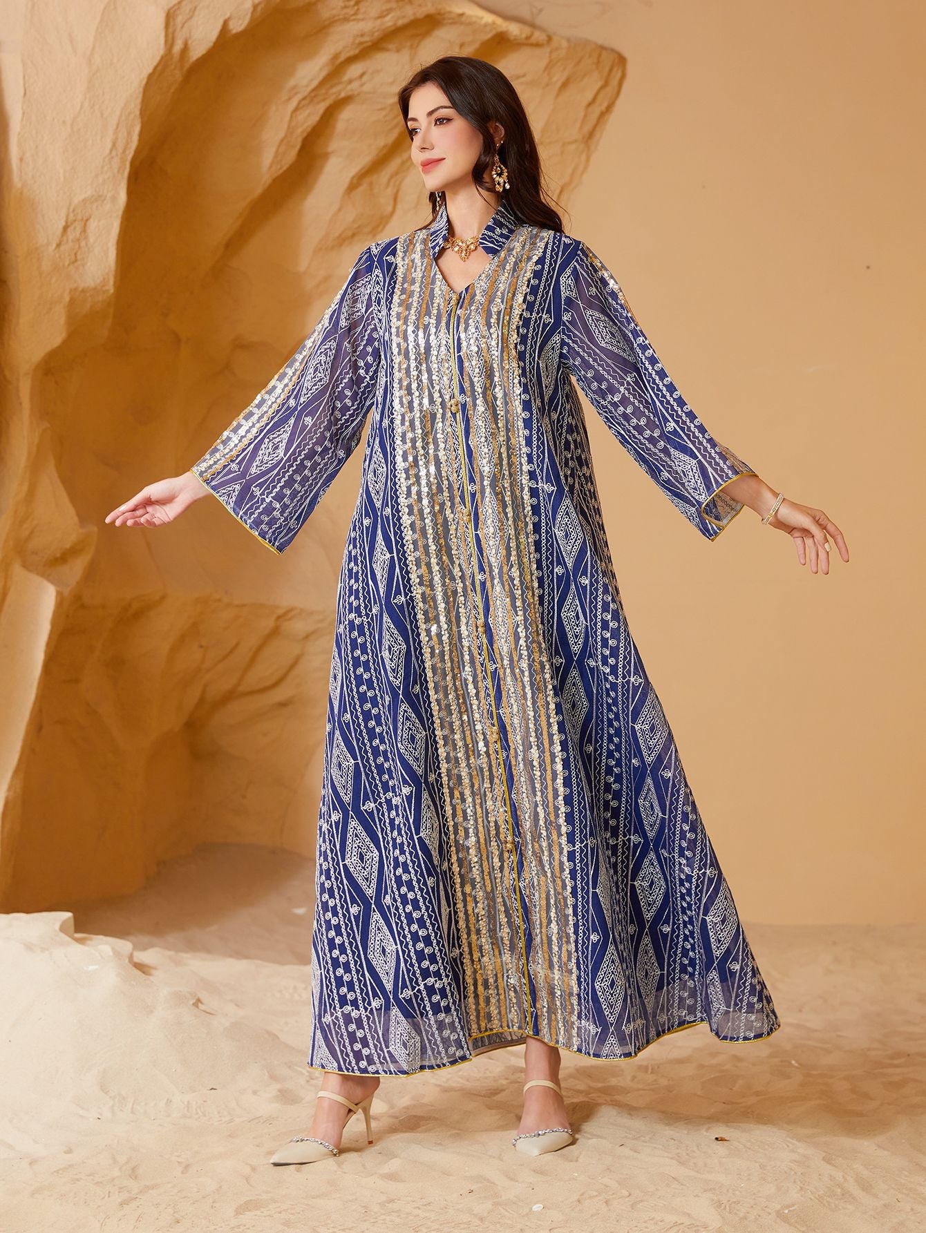 Blue & Green V-Neck Long-Sleeve Maxi Dress