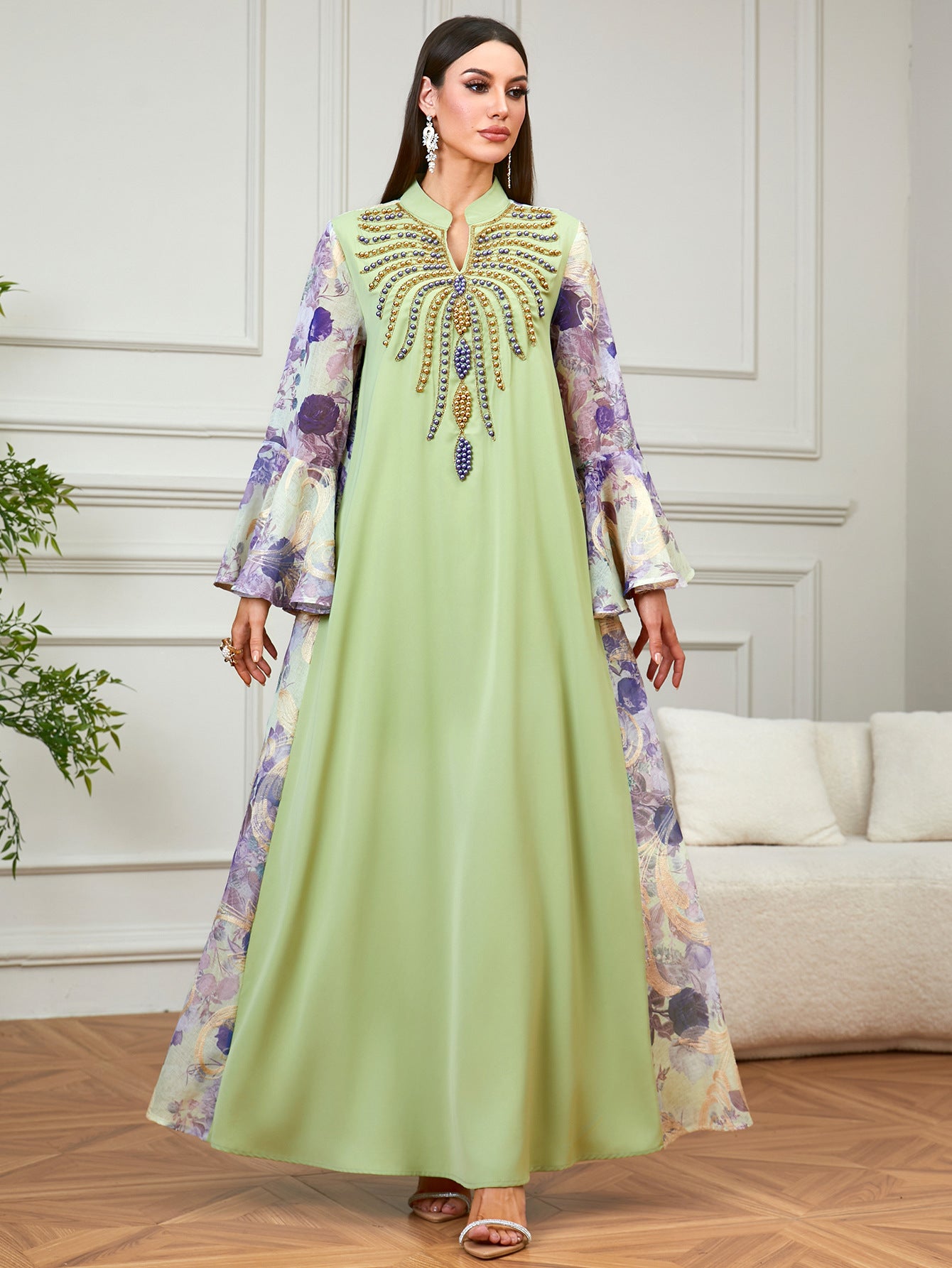 Beaded V-Neck Flared-Sleeve Maxi Dress