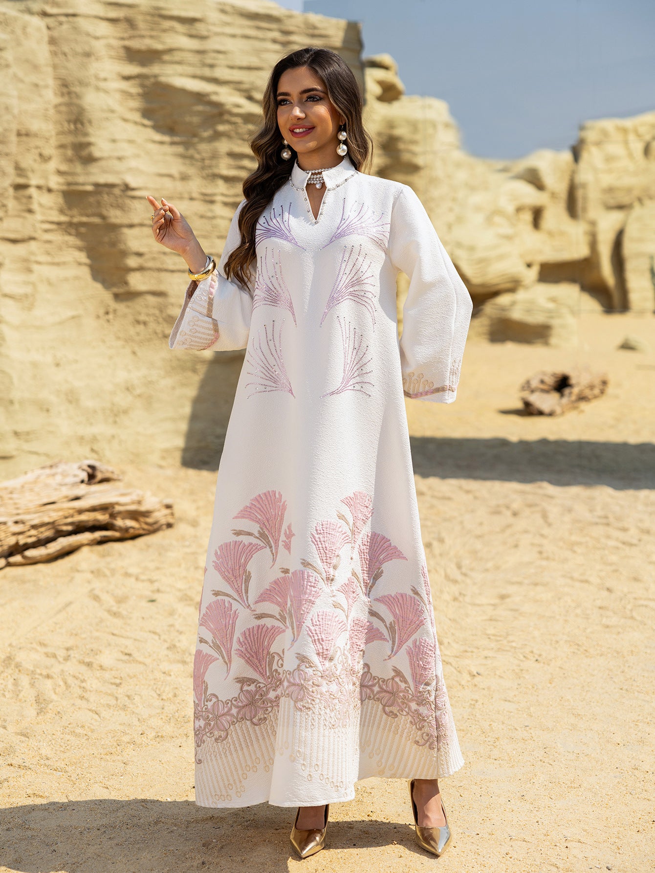 Embroidered Rhinestone Knit Maxi Dress