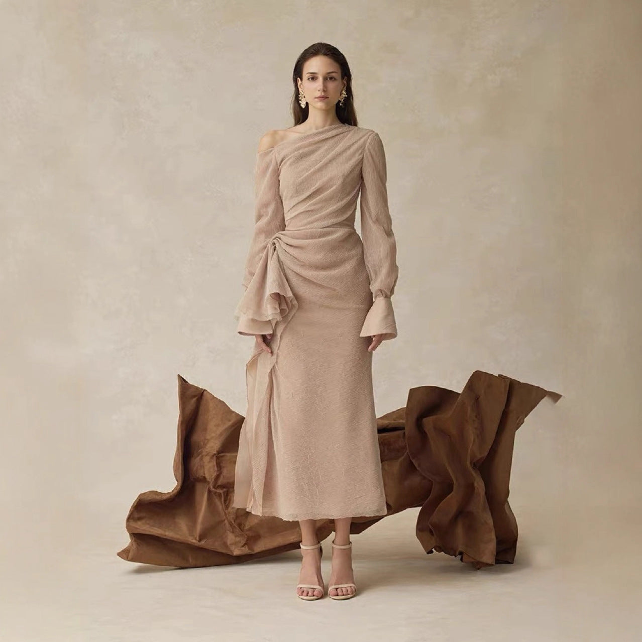 Pleated One-Shoulder Fitted Dress for Women in Khaki