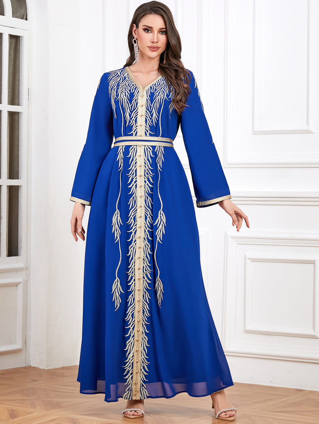 Embroidered Beaded V-Neck Robe Maxi Dress