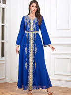 Embroidered Beaded V-Neck Robe Maxi Dress