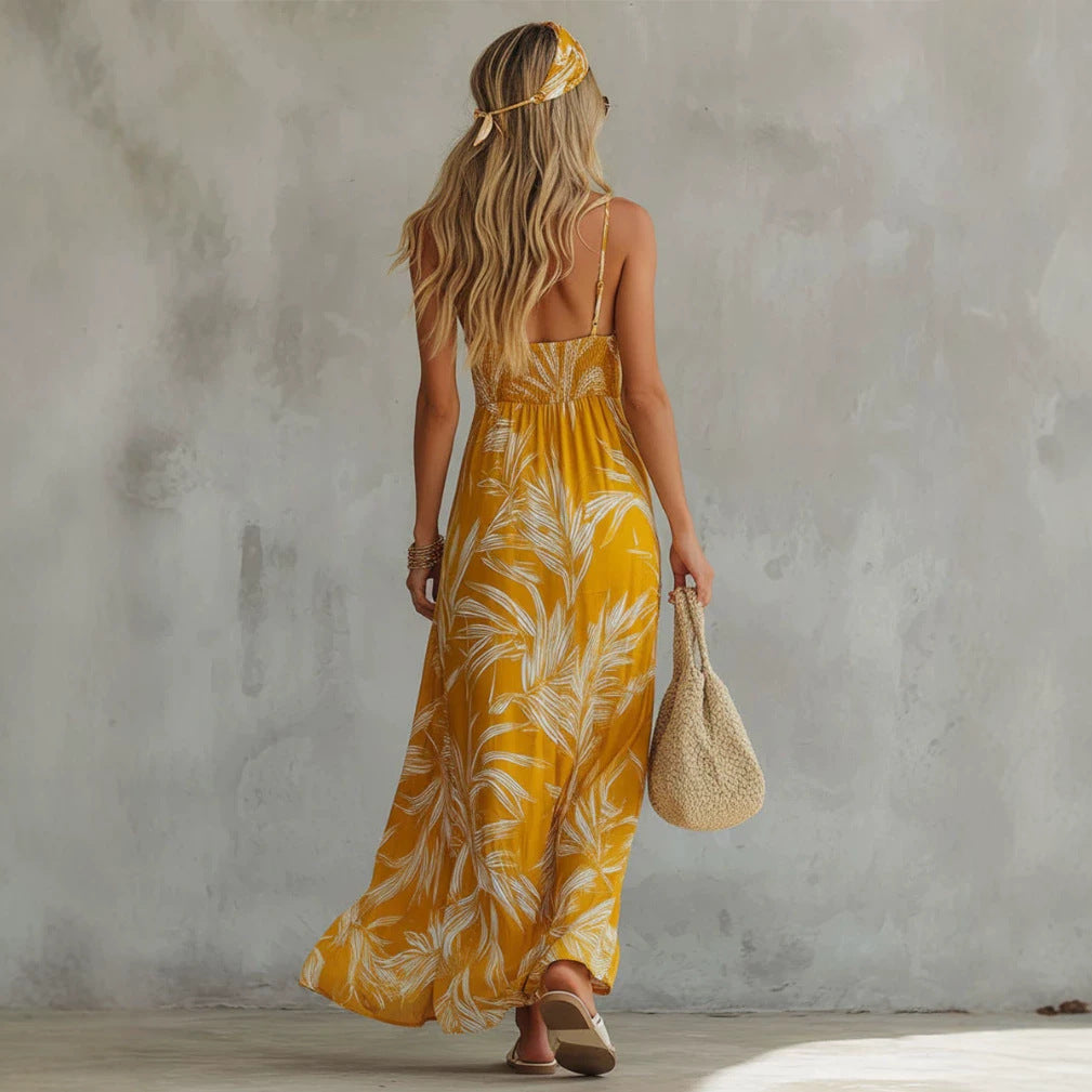 Printed V-Neck Strap Maxi Dress for Women, Beach Style Secondary image