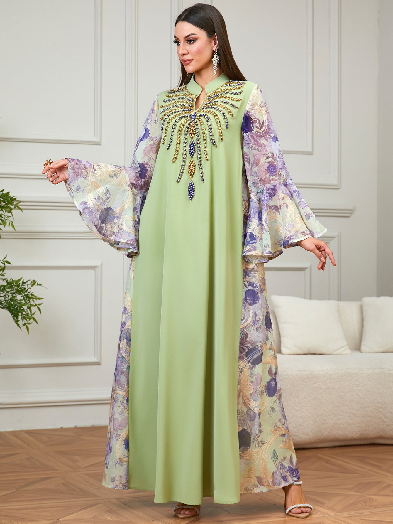 Beaded V-Neck Flared-Sleeve Maxi Dress Secondary image