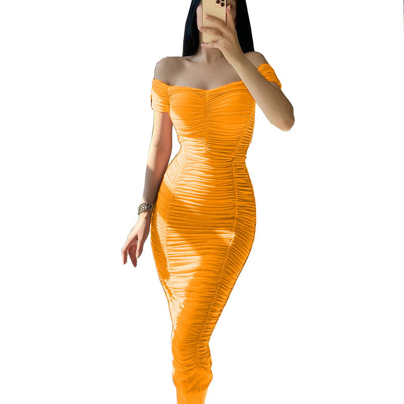 Off-Shoulder Pleated Maxi Dress for Women, One-Shoulder