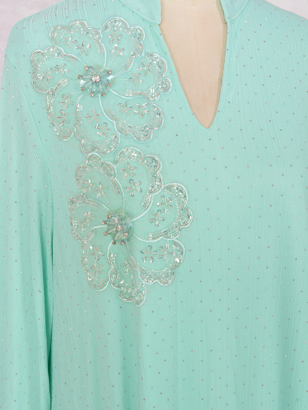 V-Neck Loose Long-Sleeve Maxi Dress, Light Blue & White