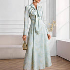 Elegant Floral Long-Sleeve Maxi Dress with Tie Waist for Women