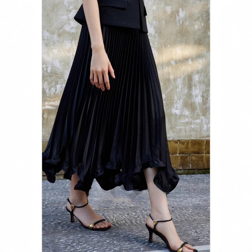Satin Petal-Ruffle Pleated Midi Skirt for Women Main image