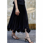 Satin Petal-Ruffle Pleated Midi Skirt for Women