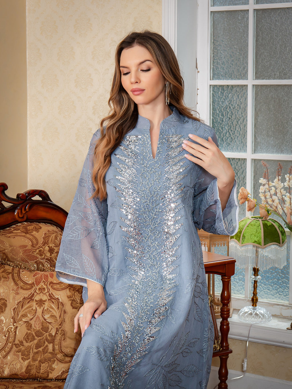Beaded Embroidered Chiffon Maxi Dress