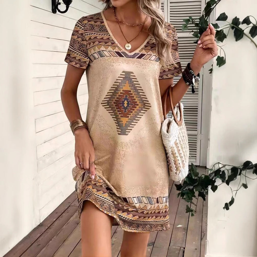 Geometric Print Mini Dress, V-Neck