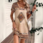 Geometric Print Mini Dress, V-Neck