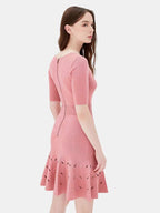 Cotton Jacquard V-Neck Bandage Dress, Pink and Navy