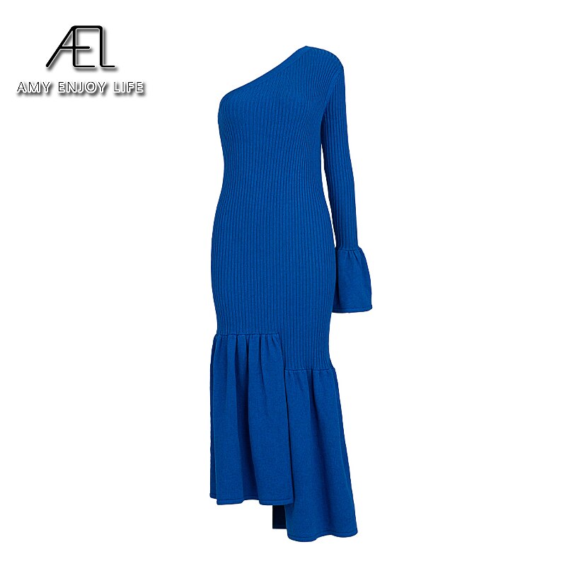 Wool Blend One-Shoulder Fishtail Maxi Dress in Blue