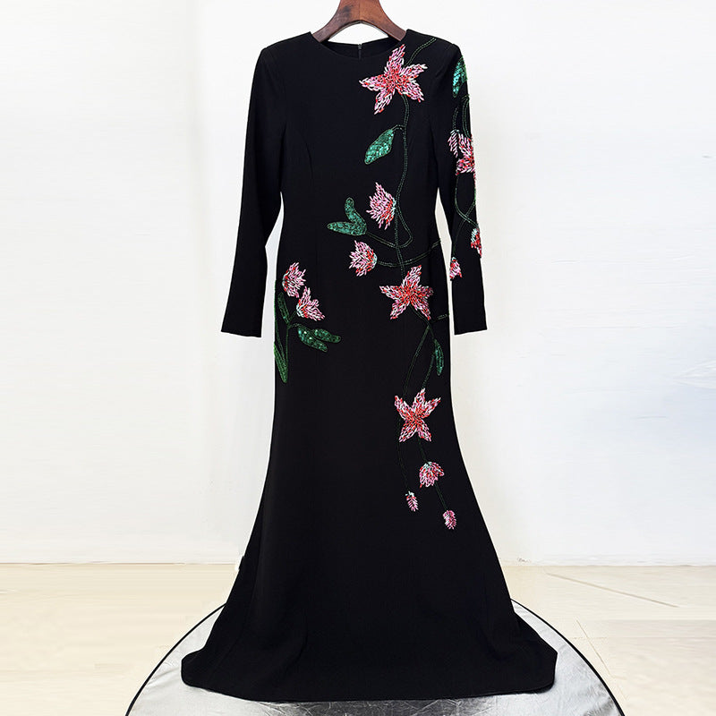 Long Sleeve Embellished Stand-Collar Gown with Train Detail