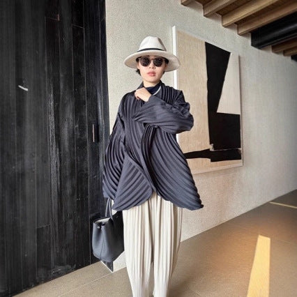 Handmade Layered Pleated Statement Coat for Women, Open Front