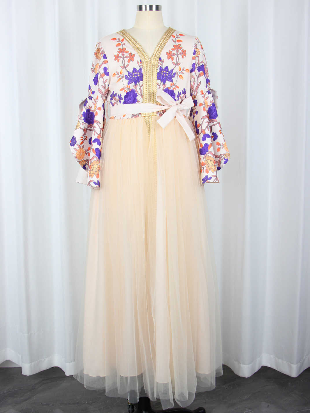 Printed Trumpet-Sleeve Maxi Dress