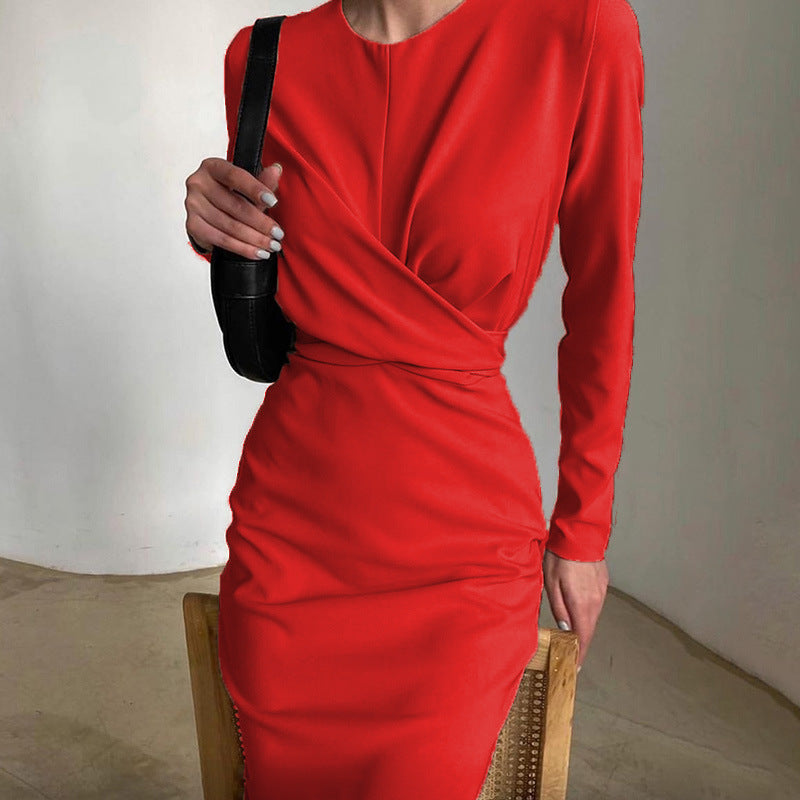 French Vintage Long-Sleeve Bodycon Midi Dress for Women, Round Neck