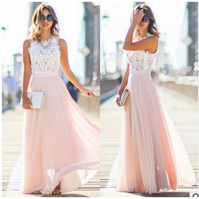 Lace Patchwork Sleeveless Maxi Dress for Women, Round Neck