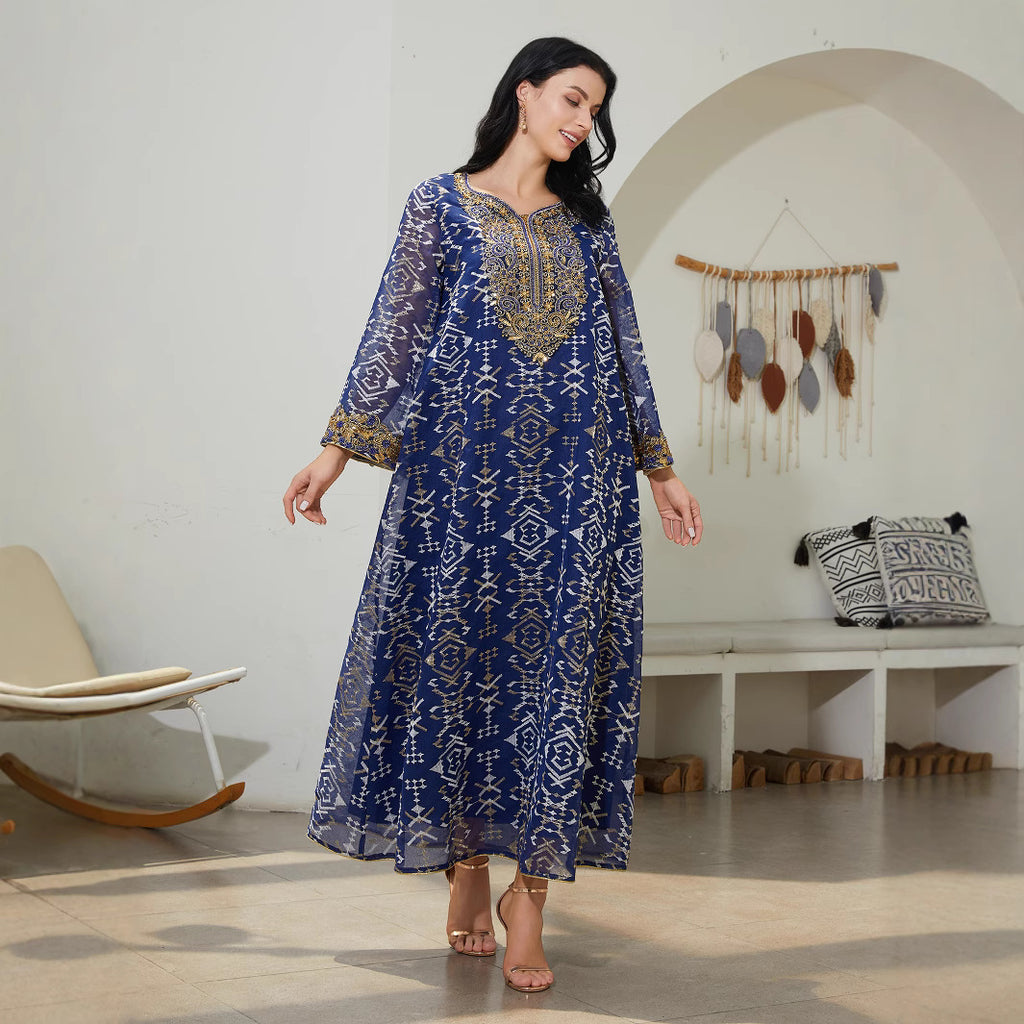 Blue V-Neck Long-Sleeve Maxi Dress