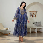 Blue V-Neck Long-Sleeve Maxi Dress