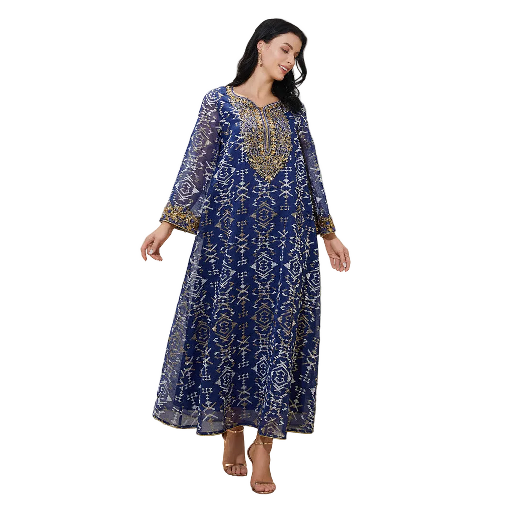 Blue V-Neck Long-Sleeve Maxi Dress for women with V neck and long sleeves