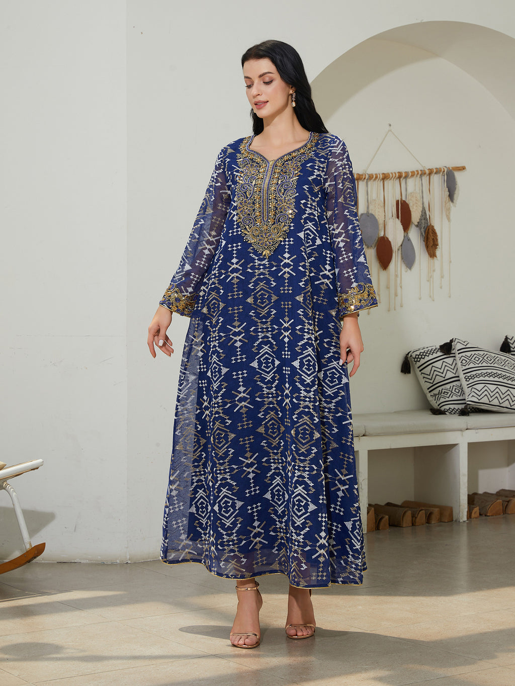 Blue V-Neck Long-Sleeve Maxi Dress