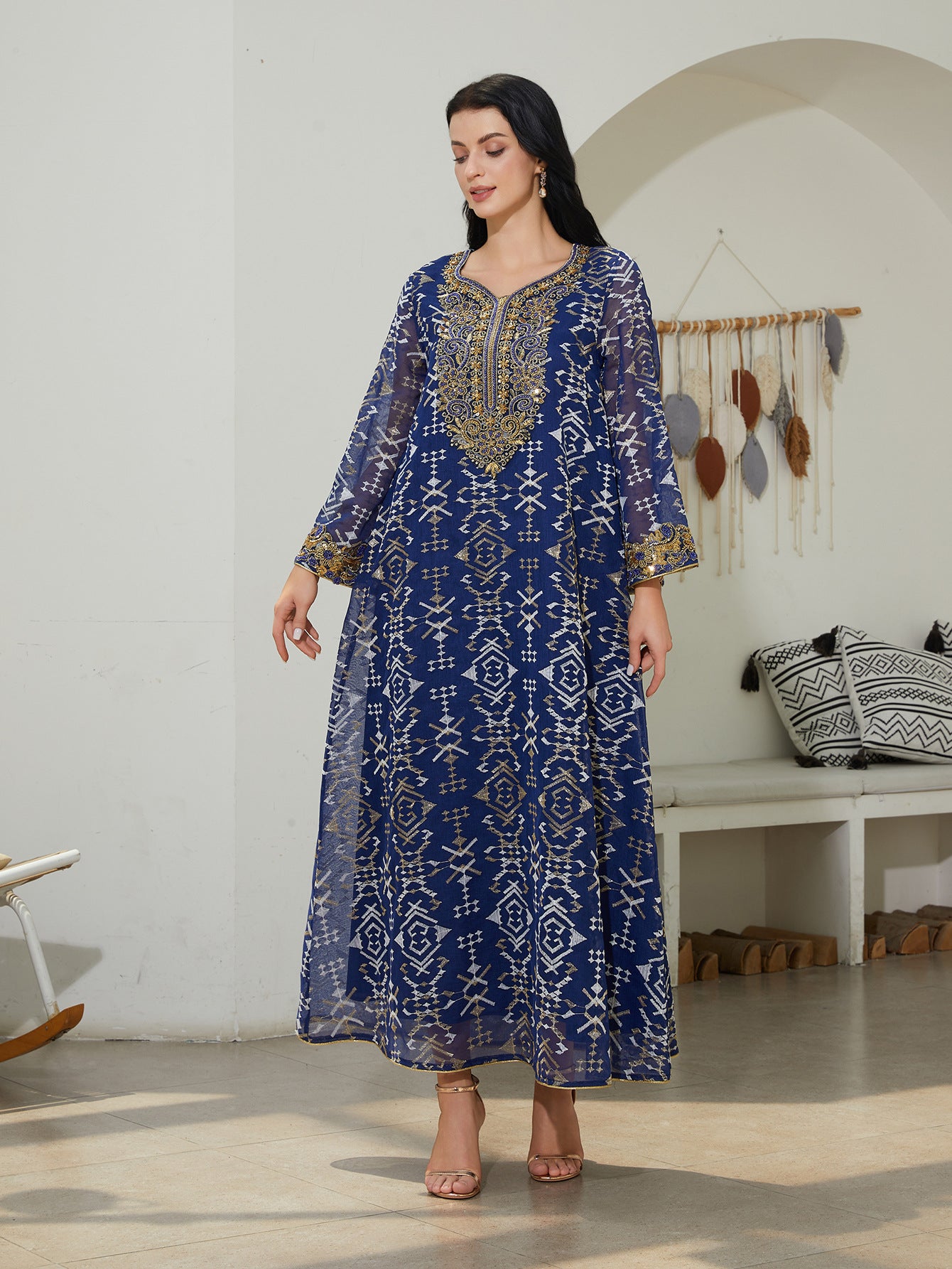 Blue V-Neck Long-Sleeve Maxi Dress