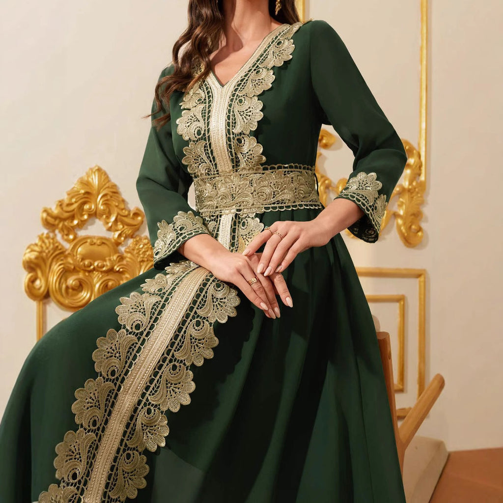 Chiffon Lace Maxi Dress, V-Neck Long Sleeve
