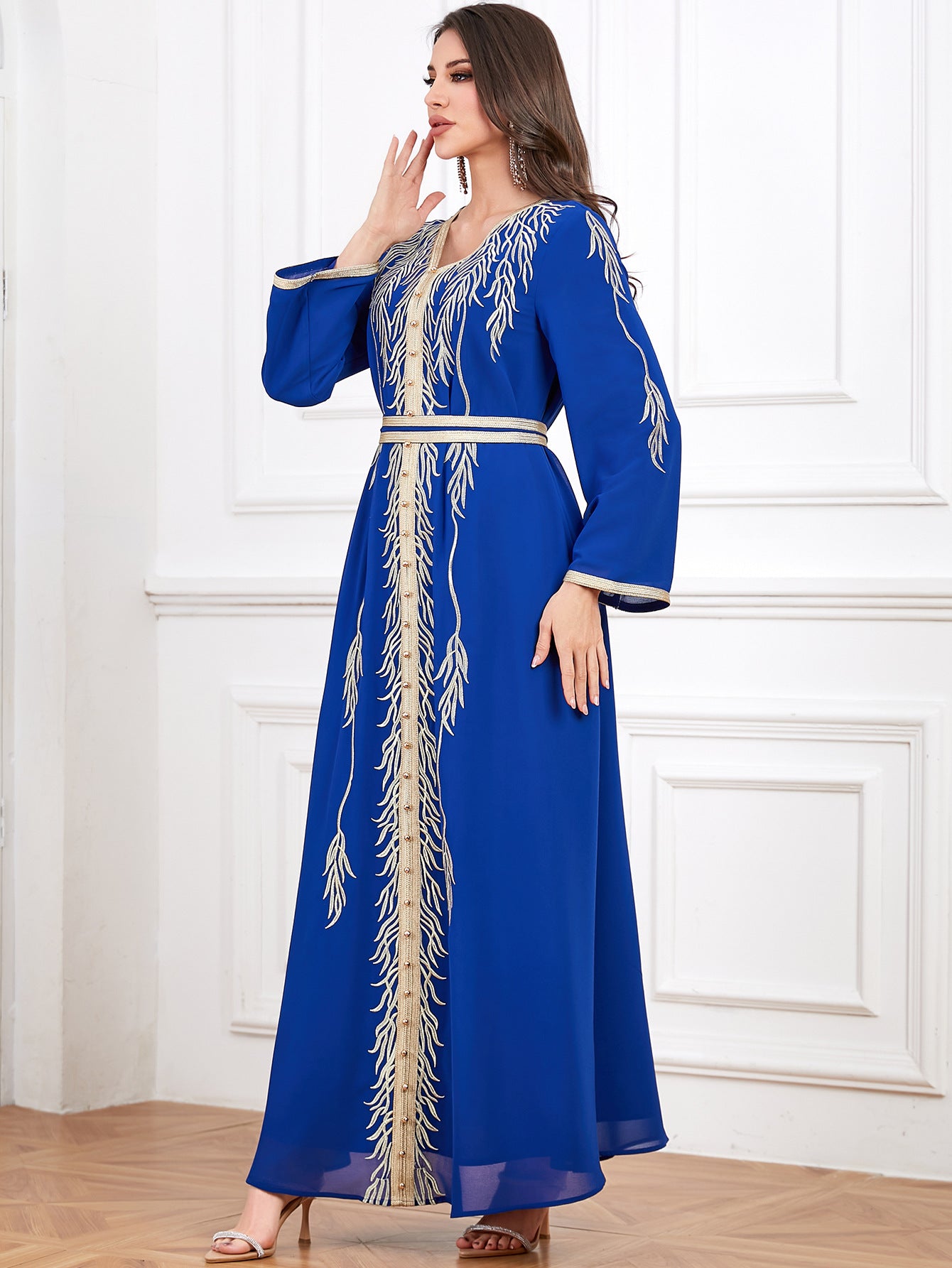 Embroidered Beaded V-Neck Robe Maxi Dress