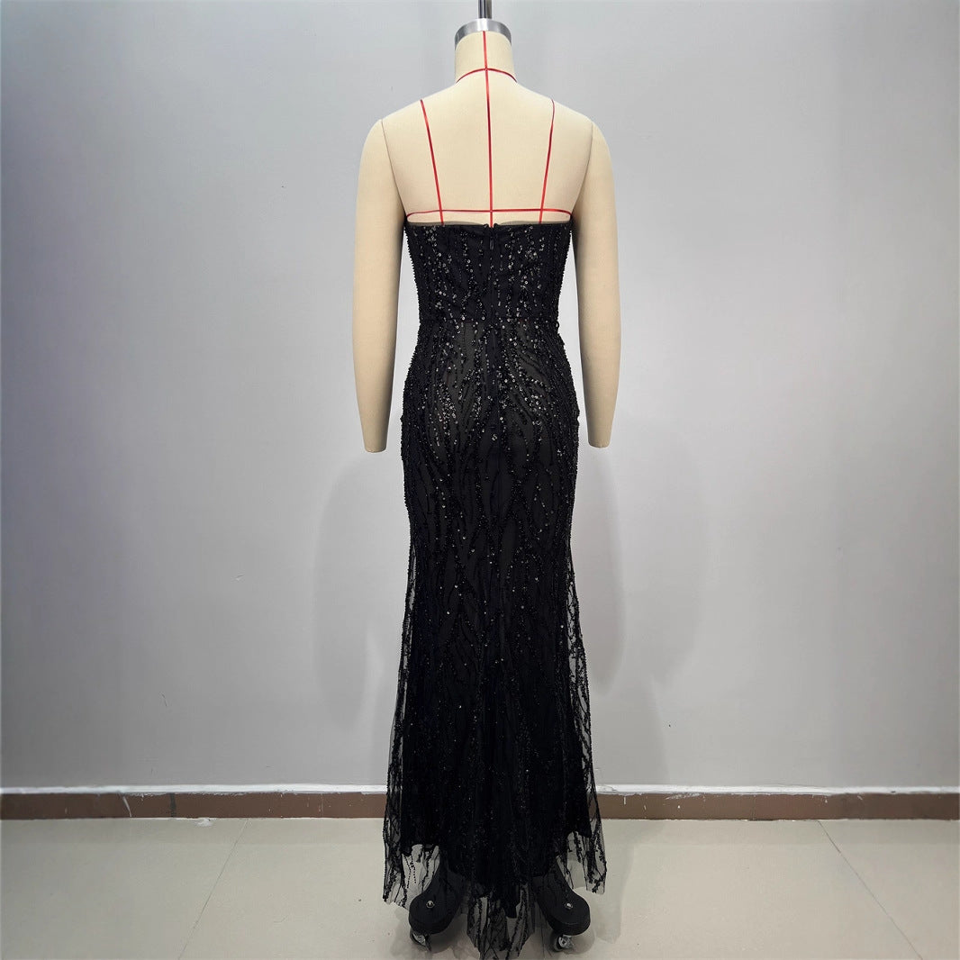 One-Shoulder Sequin Mermaid Evening Gown in Black