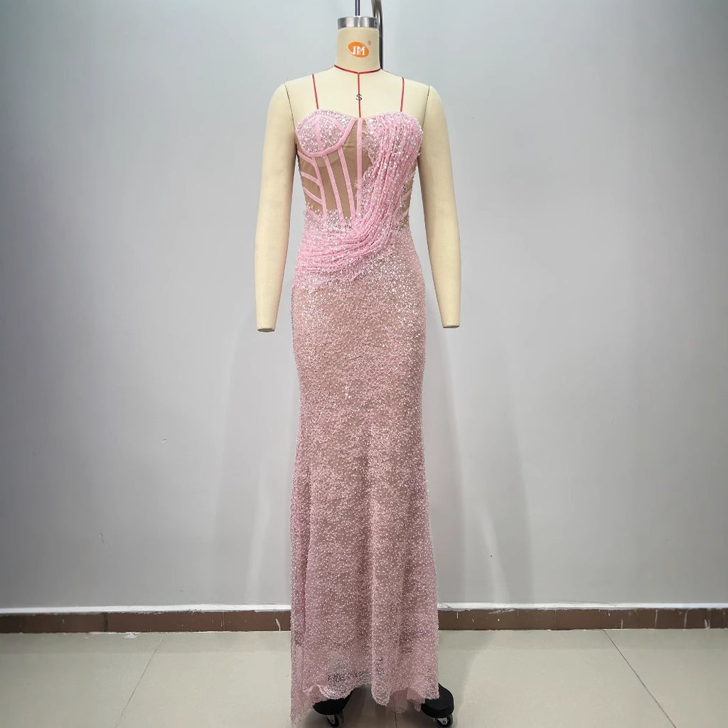 Boned Beaded One-Shoulder Sequin Gown for Women