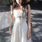 V-Neck Lace-Splice High-Waist Slim Dress for Women, Sleeveless